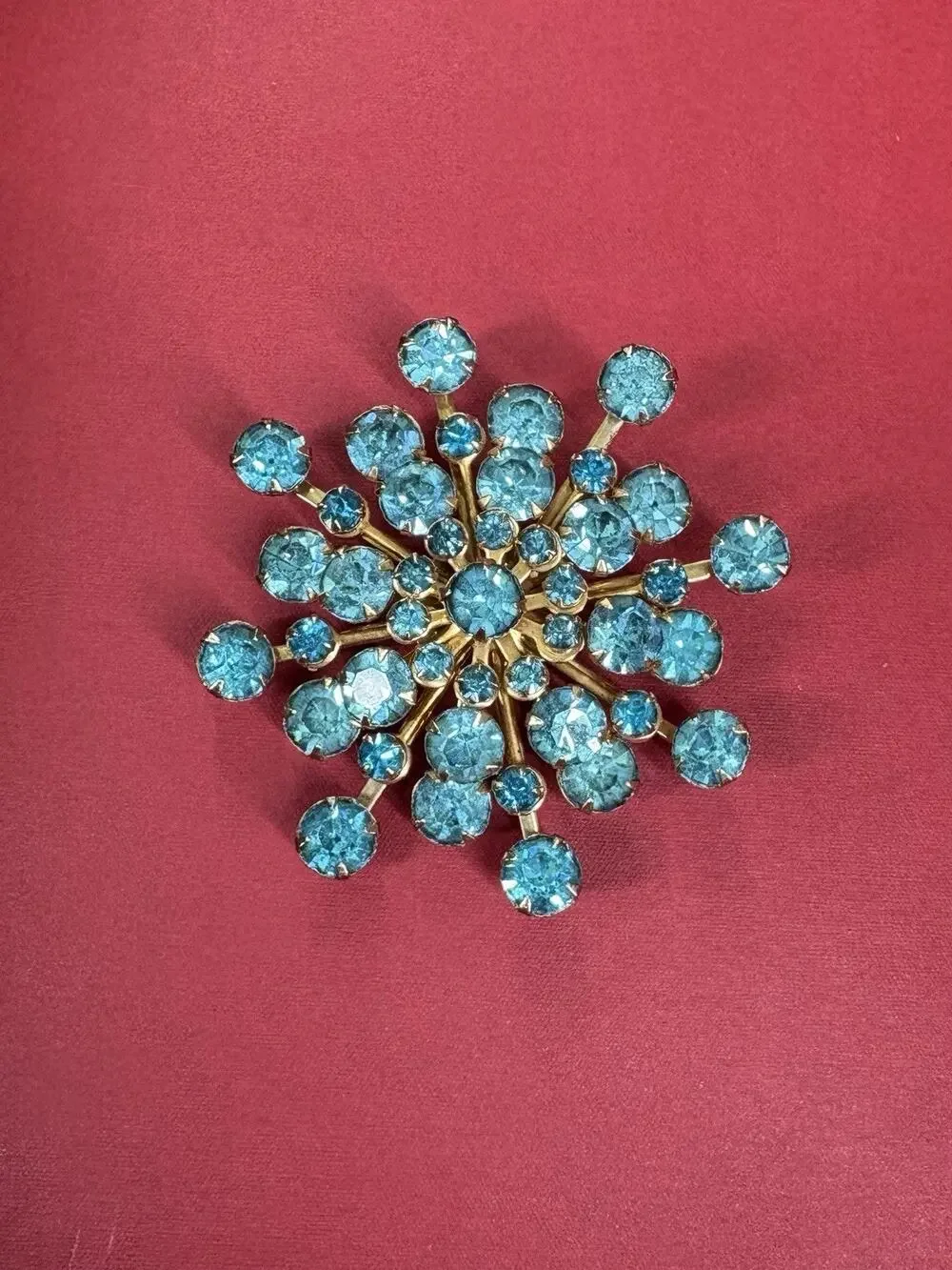 Vintage Blue Atomic Snowflake Brooch Mcm Gold Tone Rhinestone Pin Ice